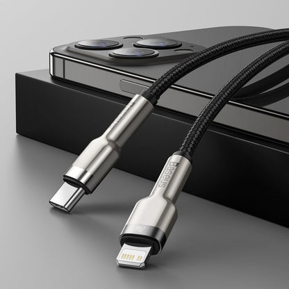 USB-C - Lightning кабел за данни и зареждане Baseus Cafule Metal Series, 20W, 0.25m, черен CATLJK-01 