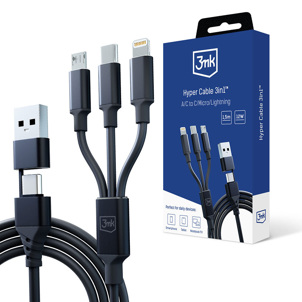 Кабел за зареждане USB-A / USB-C - Lightning / microUSB / USB-C 3MK Hyper 3in1, 12W, 1,5 м, черен 