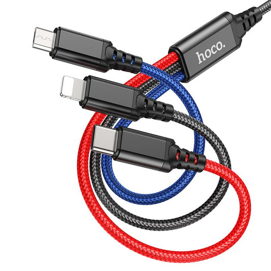 Кабел за зареждане USB-A - Lightning / microUSB / USB-C HOCO X76 3в1, 18W, 1м, Многоцветен