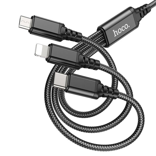Кабел за зареждане USB-A - Lightning / microUSB / USB-C HOCO X76 3в1, 18W, 1m, Черен