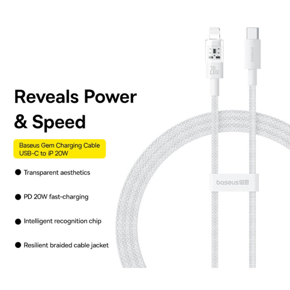 Кабел за данни и зареждане USB-C - Lightning Baseus Gem, 20W, 1m, Бял P10373001211-00