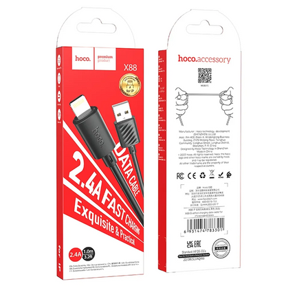 Кабел за данни и зареждане USB-A - Lightning HOCO X88, 18W, 1 м, черен 