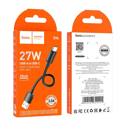 Кабел за данни и зареждане USB-A - USB-C HOCO X96, 27W, 0.25m, Черен