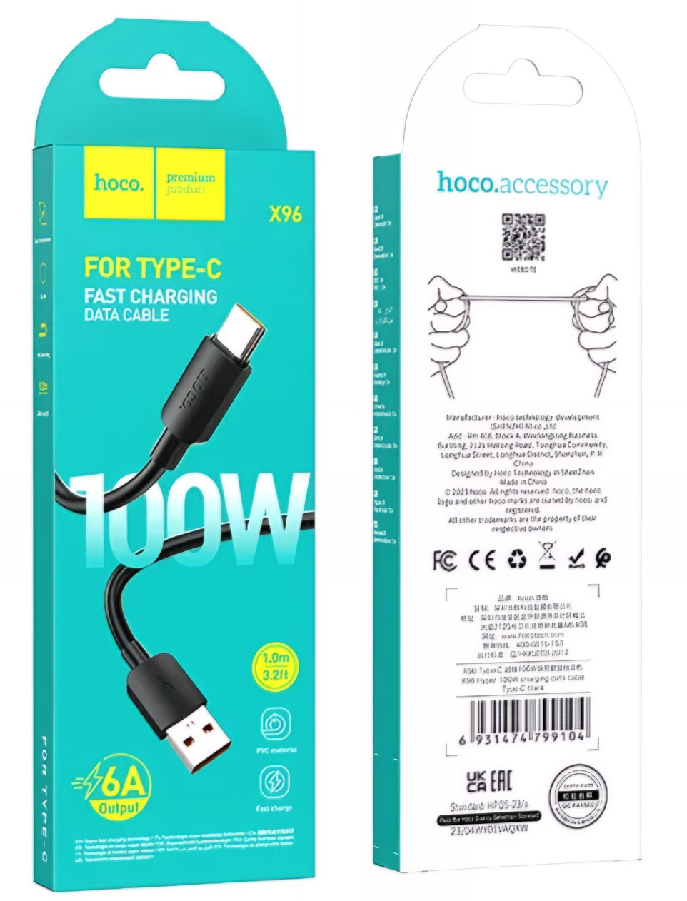 Кабел за данни и зареждане USB-A - USB-C HOCO X96, 100W, 1 м, черен 