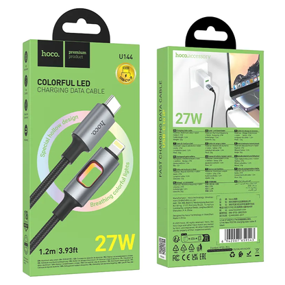 Кабел за данни и зареждане USB-C - Lightning HOCO U144 Led, 27W, 1.2м, Черен