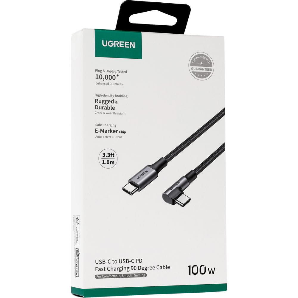 Кабел за данни и зареждане USB-C - USB-C UGREEN US334 с ъглов дизайн, 100W, 1м, черен