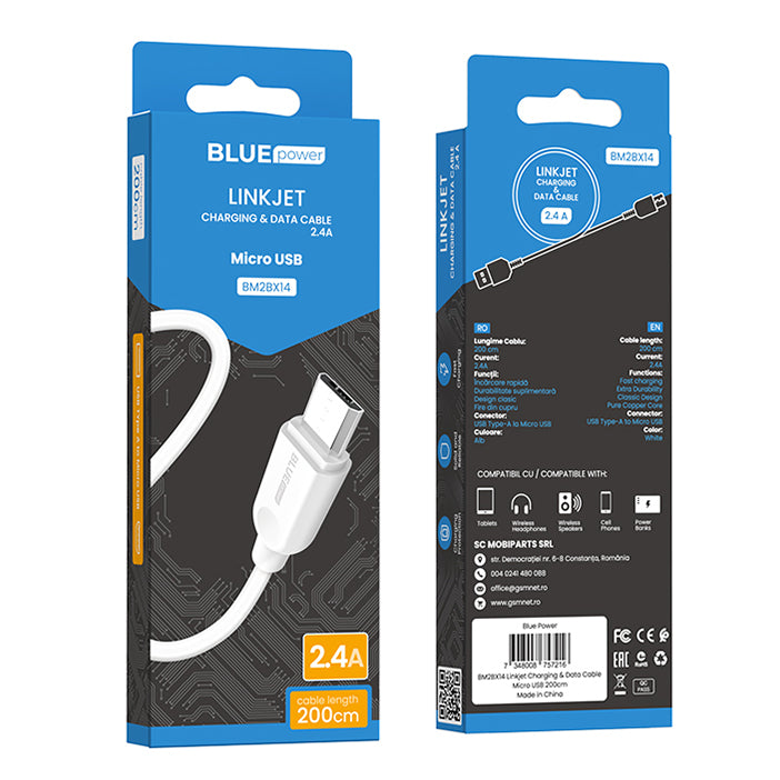 Кабел за пренос на данни и зареждане от USB-A към microUSB BLUE Power BM2BX14 LinkJet, 18W, 2 m, бял