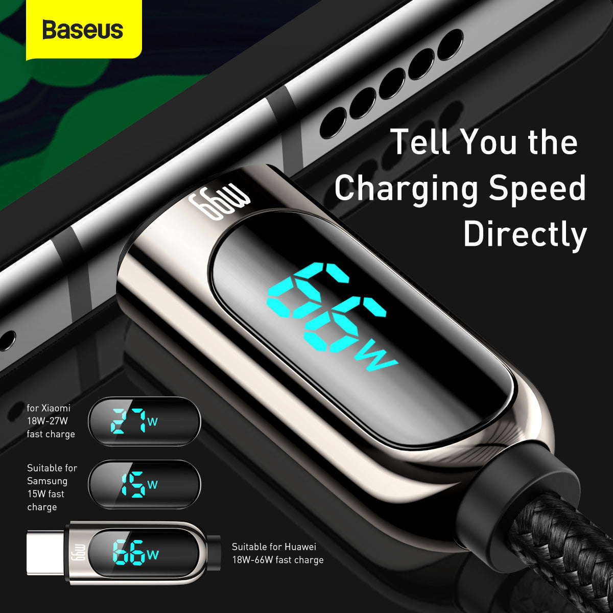 Кабел за данни и зареждане USB-A - USB-C Baseus Display, 66W, 2m, черен CASX020101