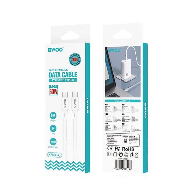 Кабел за данни и зареждане USB-C - USB-C BWOO X282, 60W, 1m, Бял