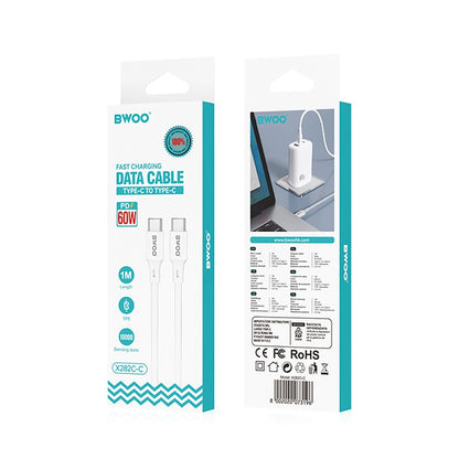 Кабел за данни и зареждане USB-C - USB-C BWOO X282, 60W, 1m, Бял