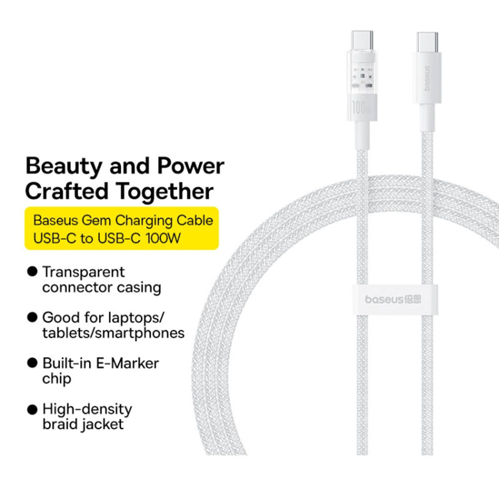 Кабел за данни и зареждане USB-C - USB-C Baseus Gem, 100W, 2m, Бял P10373000211-01