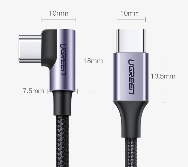 USB-C кабел за данни и зареждане - USB-C UGREEN US255 USB-C ъглов, 60W, 1m, сив