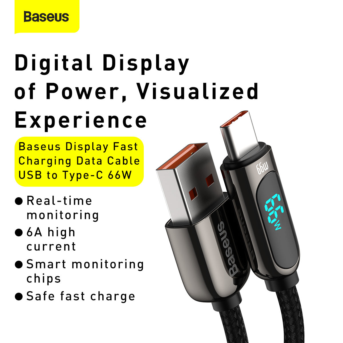 Кабел за данни и зареждане USB-A - USB-C Baseus Display, 66W, 2m, черен CASX020101