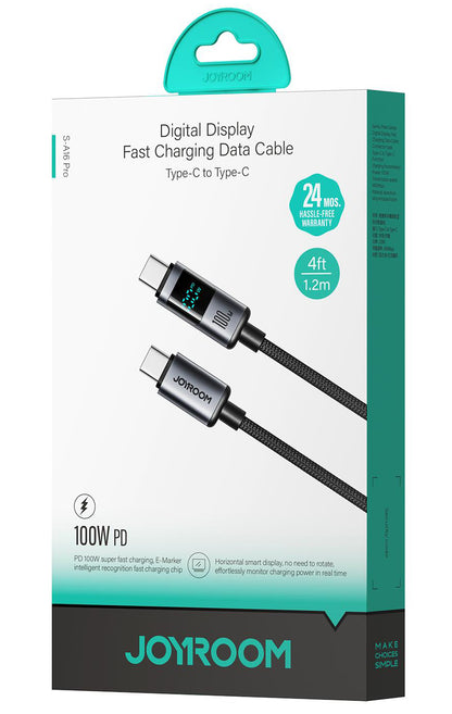 Кабел за данни и зареждане USB-C - USB-C Joyroom S-A16 Pro Prism Display, 100W, 1.2m, Черен