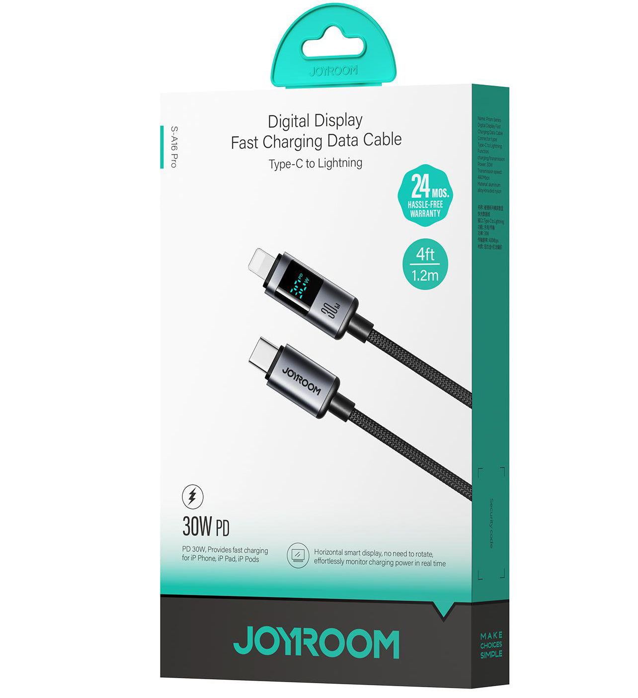Кабел за данни и зареждане USB-C - Lightning Joyroom S-A16 Pro Prism Display, 30W, 1.2m, Черен