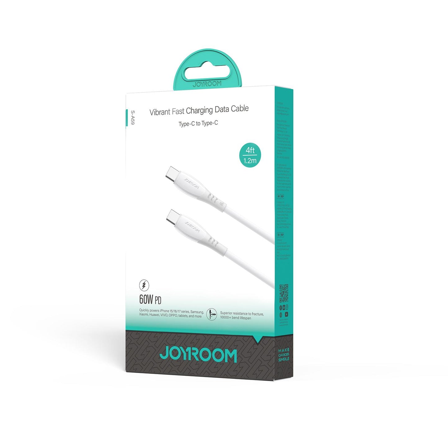 Кабел за данни и зареждане USB-C - USB-C Joyroom S-A59 Vibrant, 60W, 1.2m, Бял