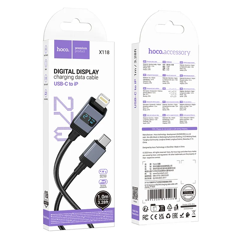 USB-C to Lightning Data and Charging Cable HOCO X118 Display, 27W, 1m, Black