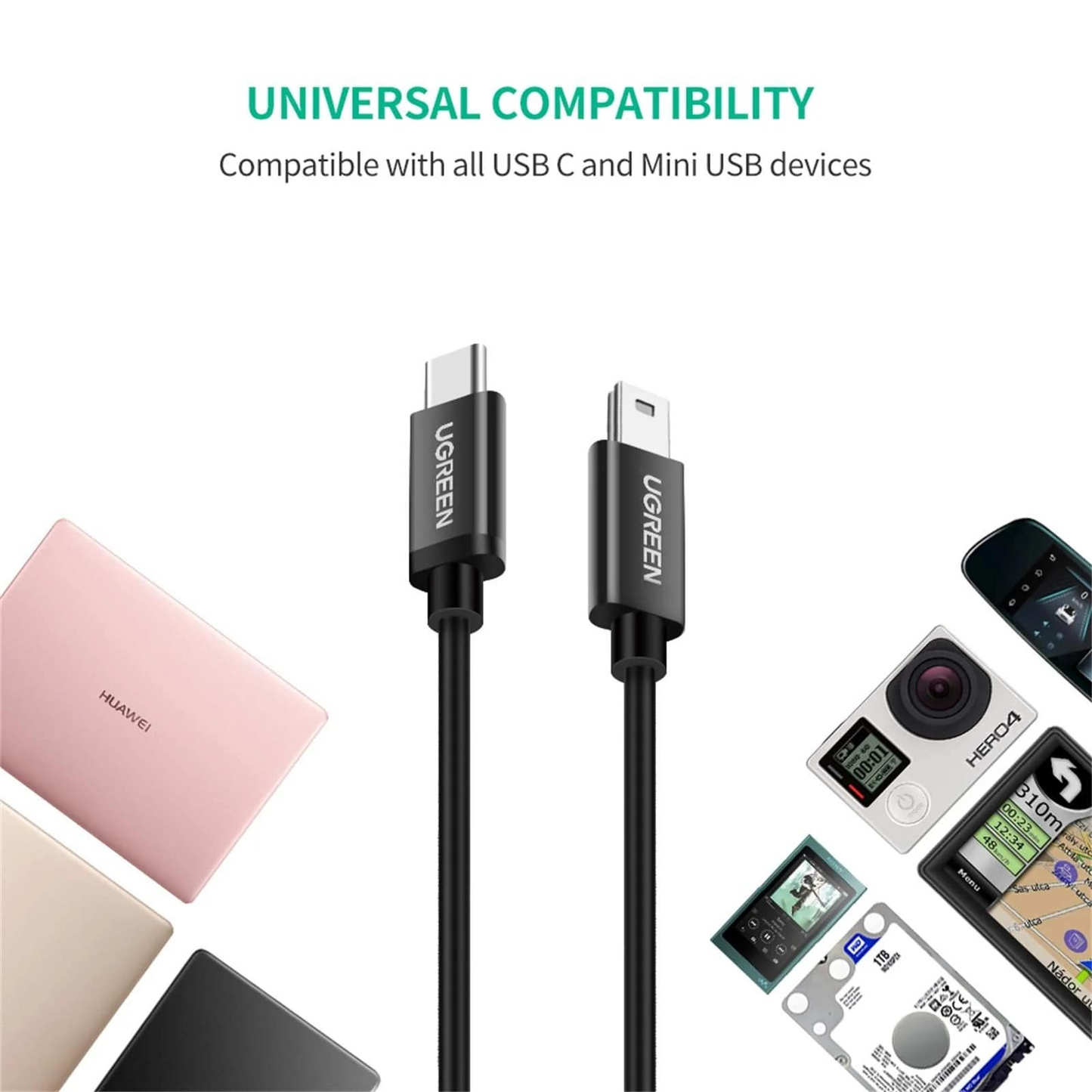 Кабел за данни и зареждане USB-C - miniUSB UGREEN US242, 18W, 1m, Черен