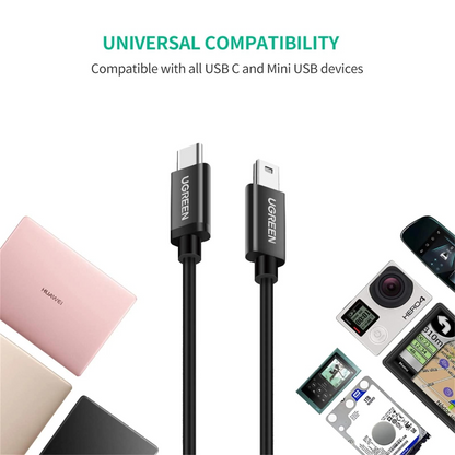 Кабел за данни и зареждане USB-C - miniUSB UGREEN US242, 18W, 1m, Черен