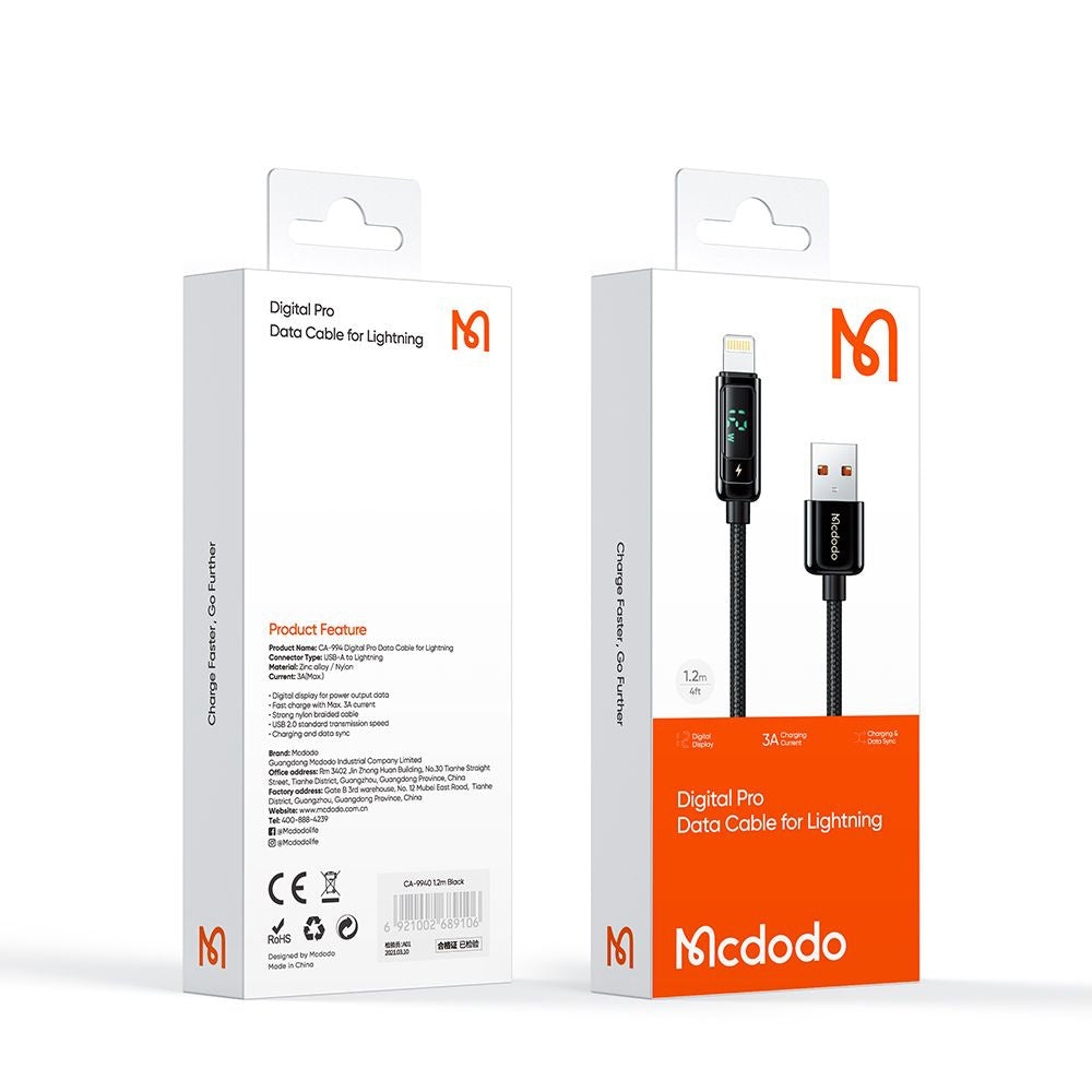 Кабел за данни и зареждане USB-A - Lightning McDodo CA-9940 Display, 12W, 1.2m, Черен