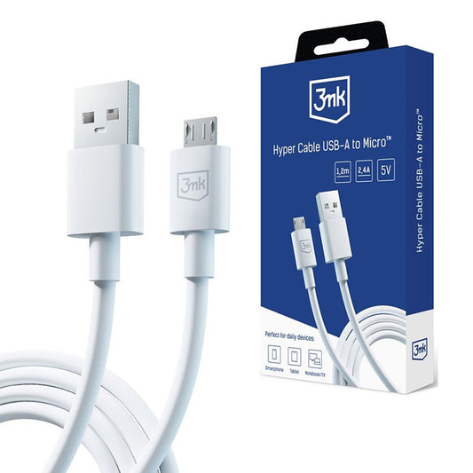 Кабел за данни и зареждане USB-A - microUSB 3MK Hyper, 18W, 1.2m, Бял