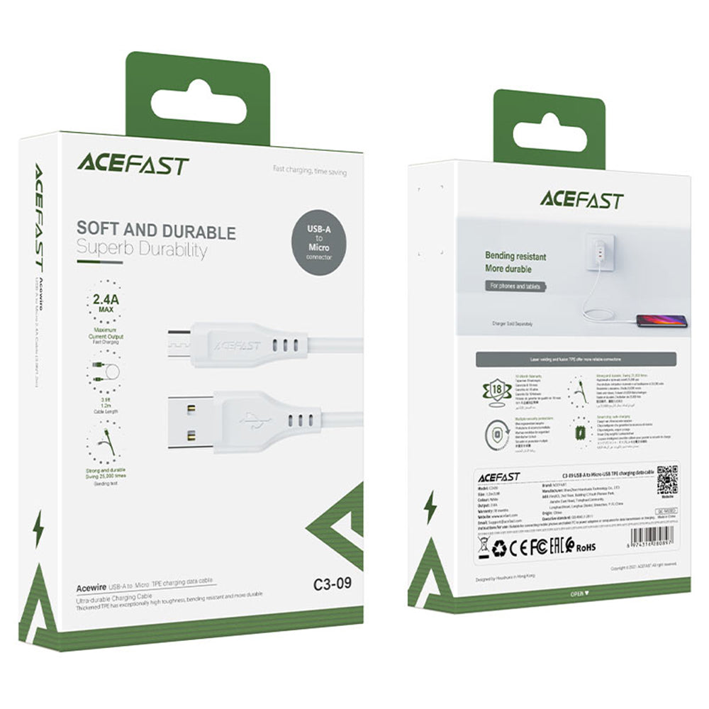 Кабел за данни и зареждане USB-A - microUSB Acefast C3-09, 18W, 1.2m, Бял