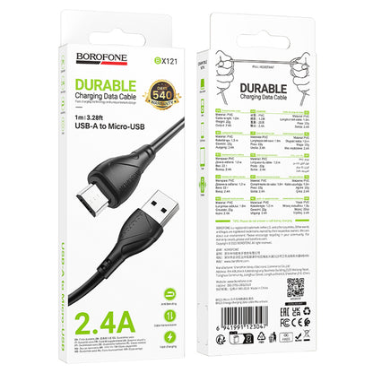 Кабел за данни и зареждане USB-A - microUSB Borofone BX121 Energy, 18W, 1m, Черен