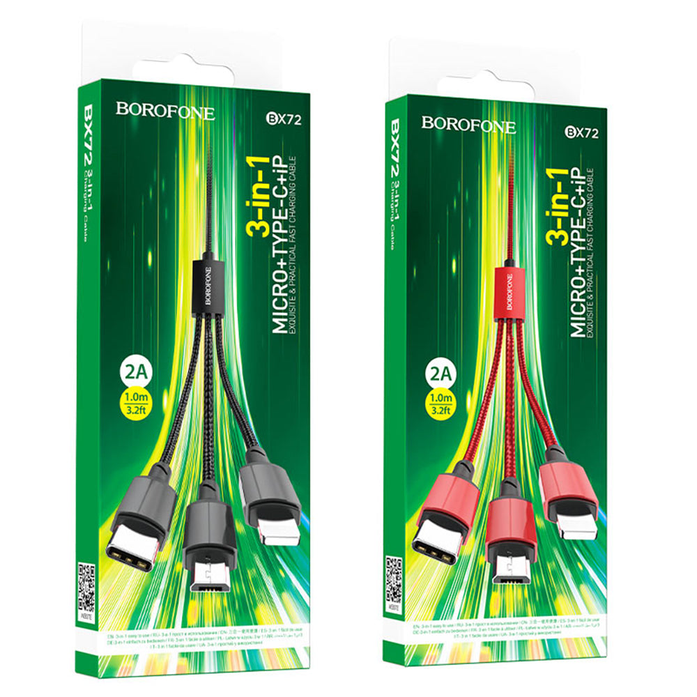 Кабел за зареждане USB-A - Lightning / microUSB / USB-C Borofone BX72, 18W, 1m, Черен