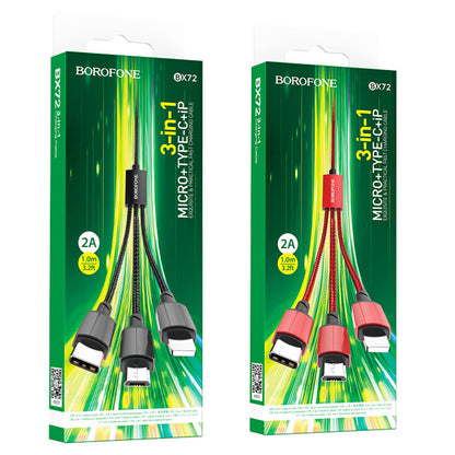 Кабел за зареждане USB-A - Lightning / microUSB / USB-C Borofone BX72, 18W, 1m, Черен
