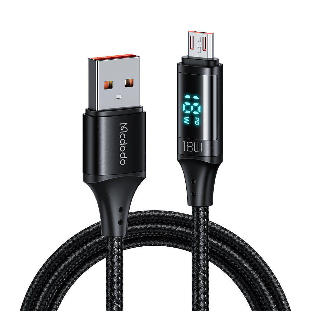 Кабел за данни и зареждане USB-A - microUSB McDodo CA-1070 Display, 18W, 1.2m, Черен