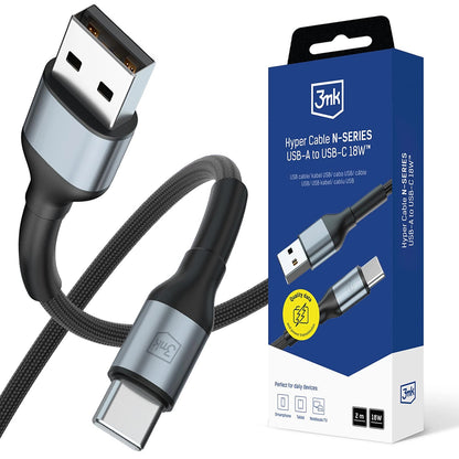 Кабел за данни и зареждане USB-A - USB-C 3MK Hyper N, 18W, 2m, Черен