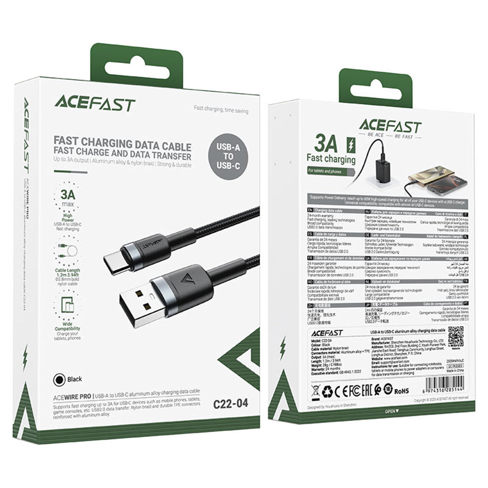 Кабел за данни и зареждане USB-A - USB-C Acefast C22-04, 18W, 1.2m, Черен