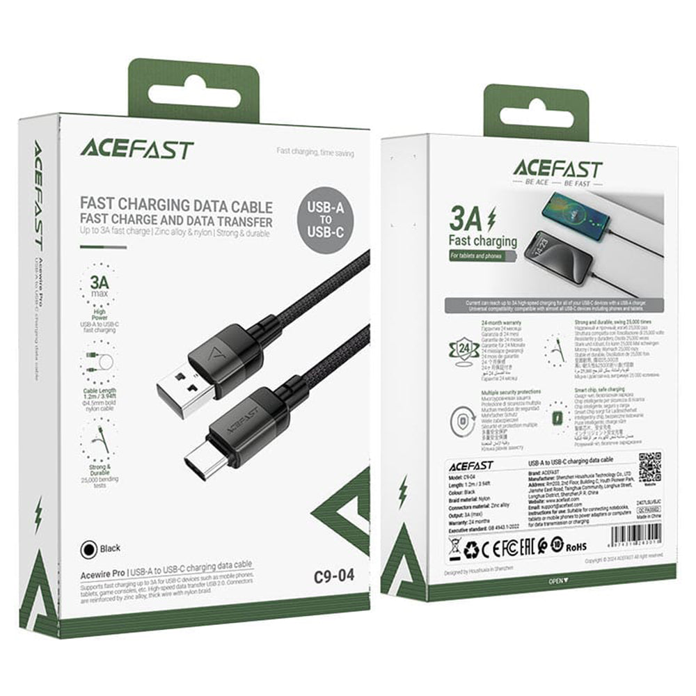 Кабел за данни и зареждане USB-A - USB-C Acefast C9-04, 18W, 1.2m, Черен