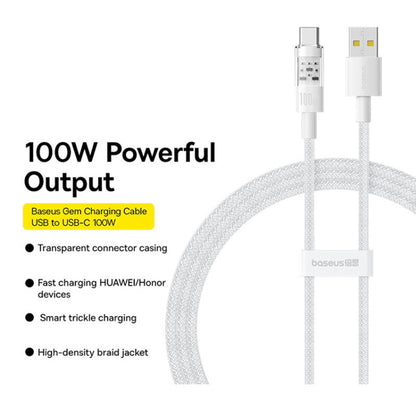Кабел за данни и зареждане USB-A - USB-C Baseus Gem, 100W, 2m, Бял P10373002211-01