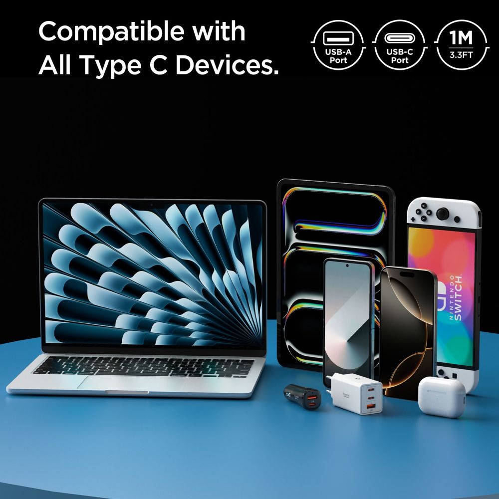 Кабел за данни и зареждане USB-A - USB-C Spigen Essential, 60W, 1m, Бял