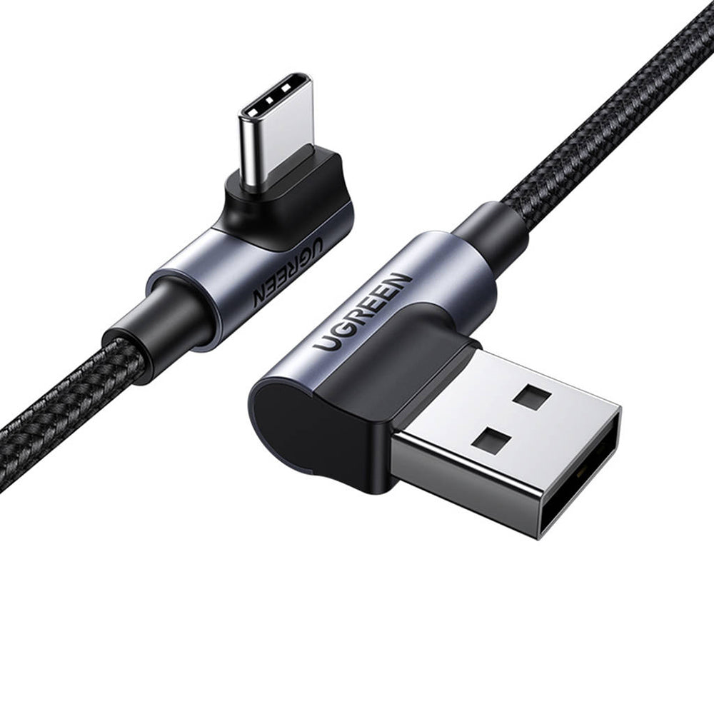 Кабел за данни и зареждане USB-A - USB-C UGREEN US176 Angled, 18W, 3m, Сив