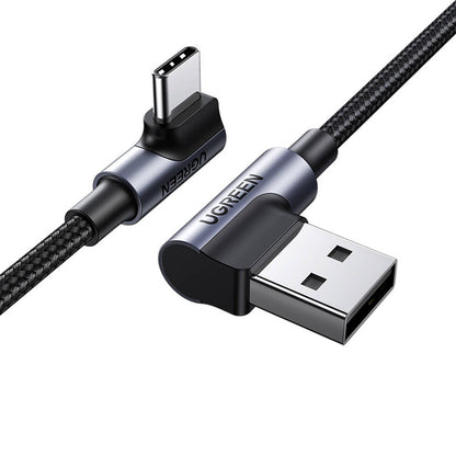 Кабел за данни и зареждане USB-A - USB-C UGREEN US176 Angled, 18W, 3m, Сив
