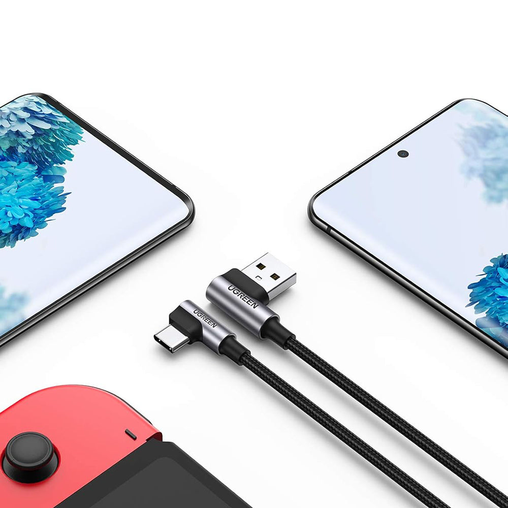 Кабел за данни и зареждане USB-A - USB-C UGREEN US176 Angled, 18W, 3m, Сив