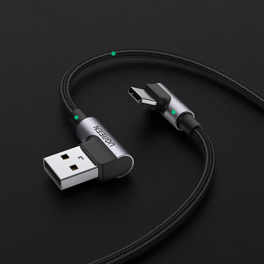 Кабел за данни и зареждане USB-A - USB-C UGREEN US176 Angled, 18W, 3m, Сив