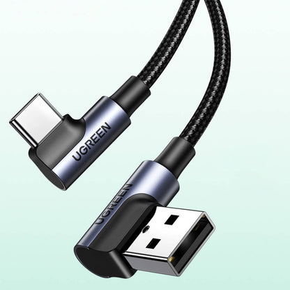 Кабел за данни и зареждане USB-A - USB-C UGREEN US176 Angled, 18W, 3m, Сив