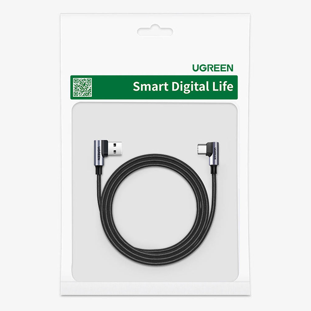 Кабел за данни и зареждане USB-A - USB-C UGREEN US176 Angled, 18W, 3m, Сив