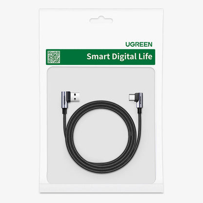 Кабел за данни и зареждане USB-A - USB-C UGREEN US176 Angled, 18W, 3m, Сив