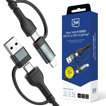 Кабел за данни и зареждане USB-A / USB-C - USB-C / Lightning 3MK Hyper N, 60W, 1.2m, Черен