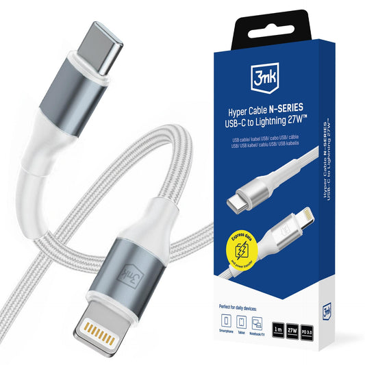 Кабел за данни и зареждане USB-C - Lightning 3MK Hyper N, 27W, 1м, бял