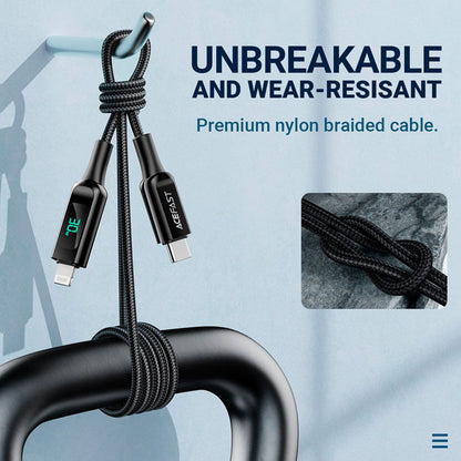 Кабел за данни и зареждане USB-C - Lightning Acefast C6-01 Display, 20W, 1.2m, Черен