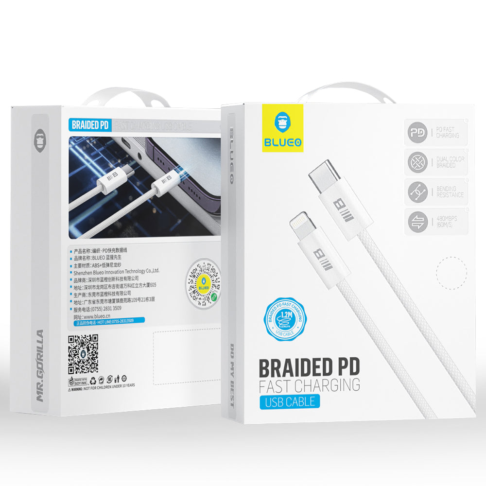 Кабел за данни и зареждане USB-C - Lightning Blueo, 20W, 1.2m, Бял