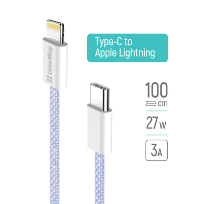 Кабел за данни и зареждане USB-C - Lightning ColorWay CW-CBPDCL061, 27W, 1m, Лилав