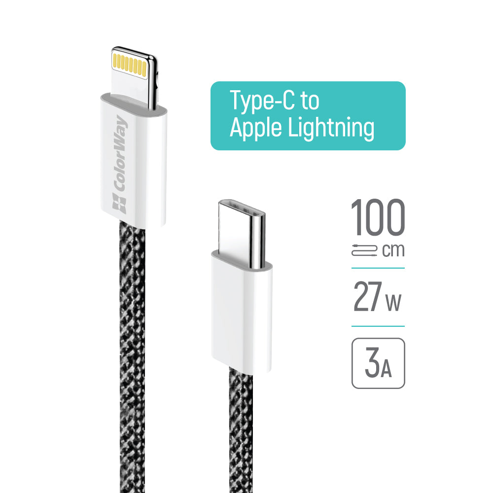 Кабел за данни и зареждане USB-C - Lightning ColorWay CW-CBPDCL061, 27W, 1m, Черен
