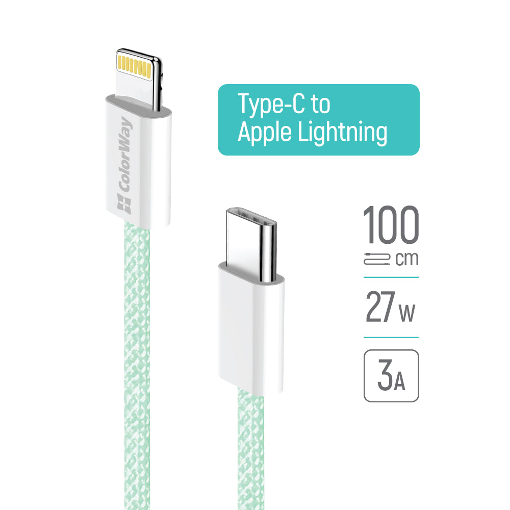 Кабел за данни и зареждане USB-C - Lightning ColorWay CW-CBPDCL061, 27W, 1m, зелен