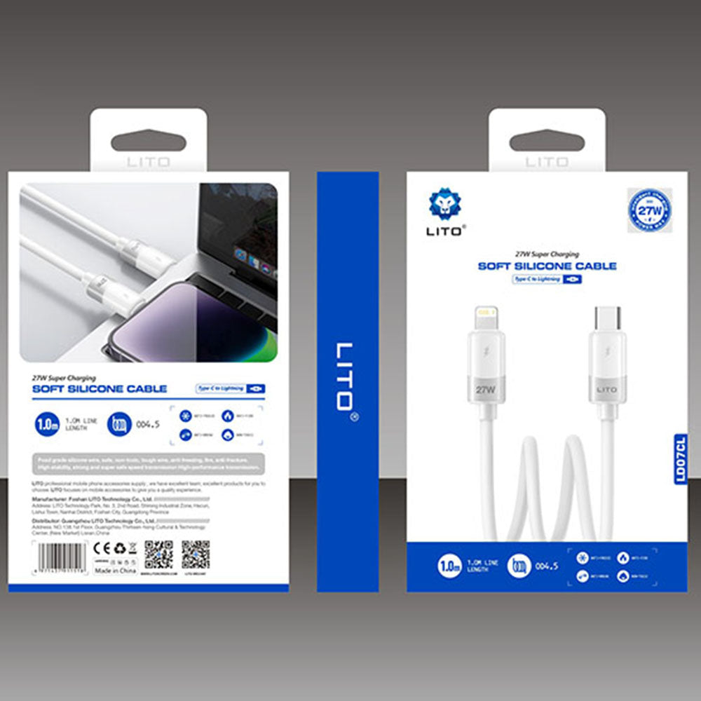 Кабел за данни и зареждане USB-C - Lightning Lito LD07, 27W, 1m, Бял